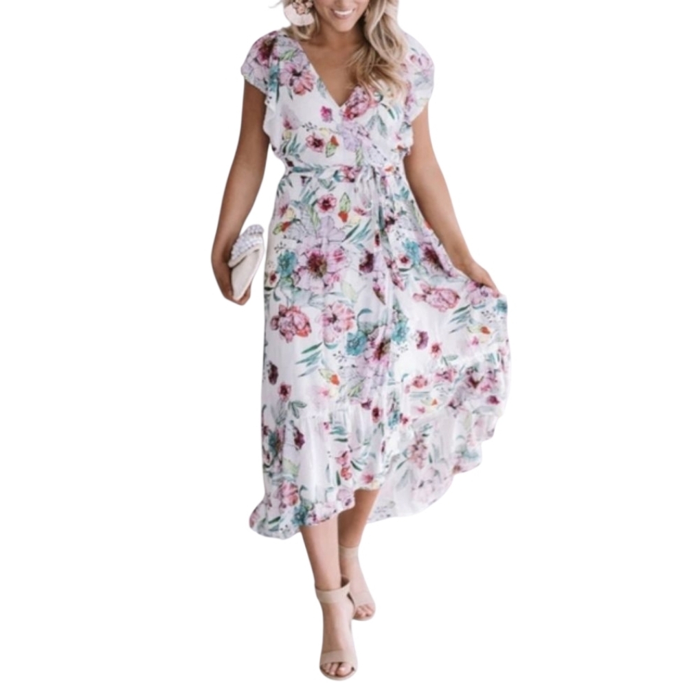 Lovestitch Floral Ruffle Sleeve Wrap Midi Dress Womens Size Medium